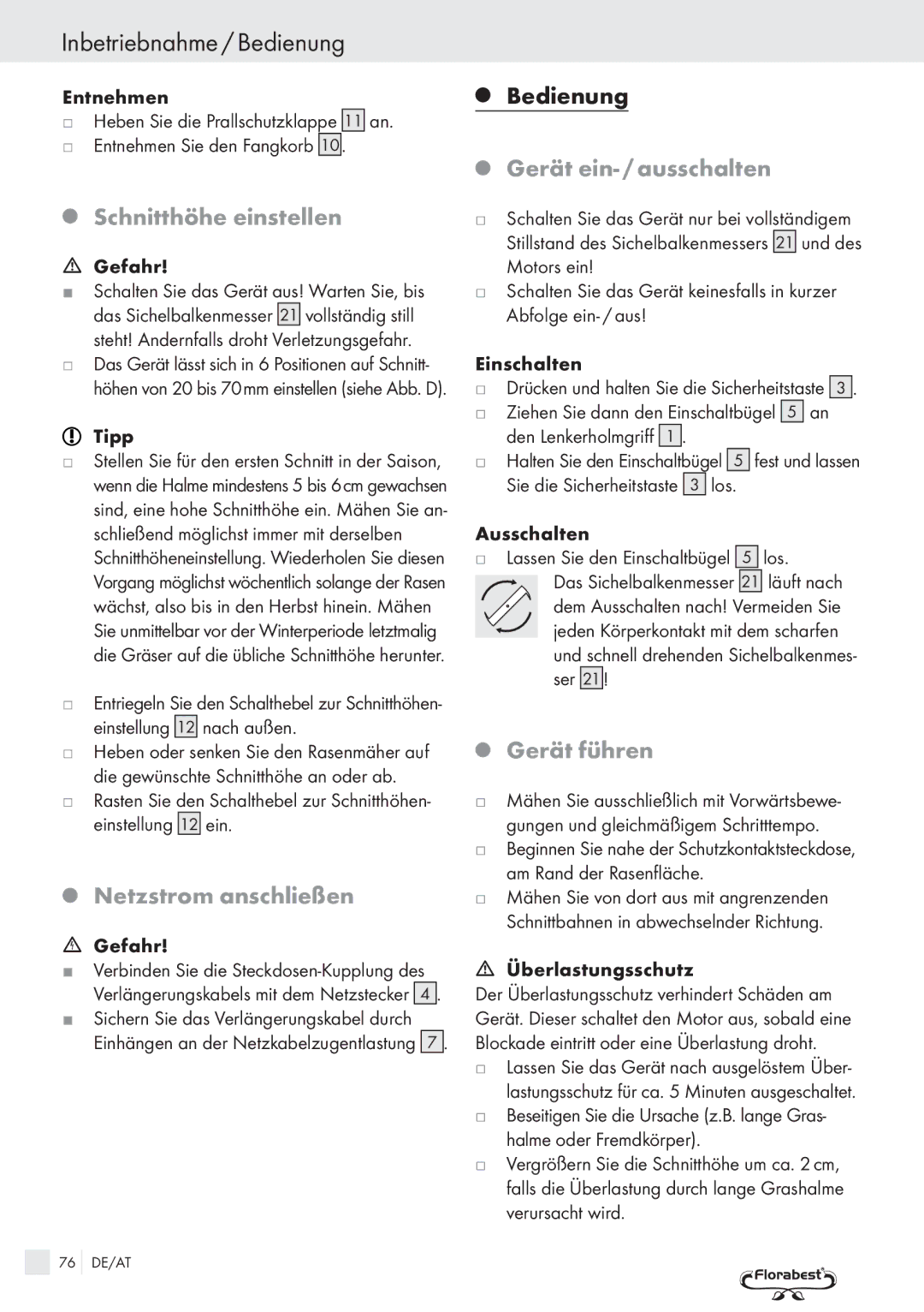 Kompernass FSM R1 Inbetriebnahme / Bedienung, Schnitthöhe einstellen, Netzstrom anschließen, Gerät ein- / ausschalten 